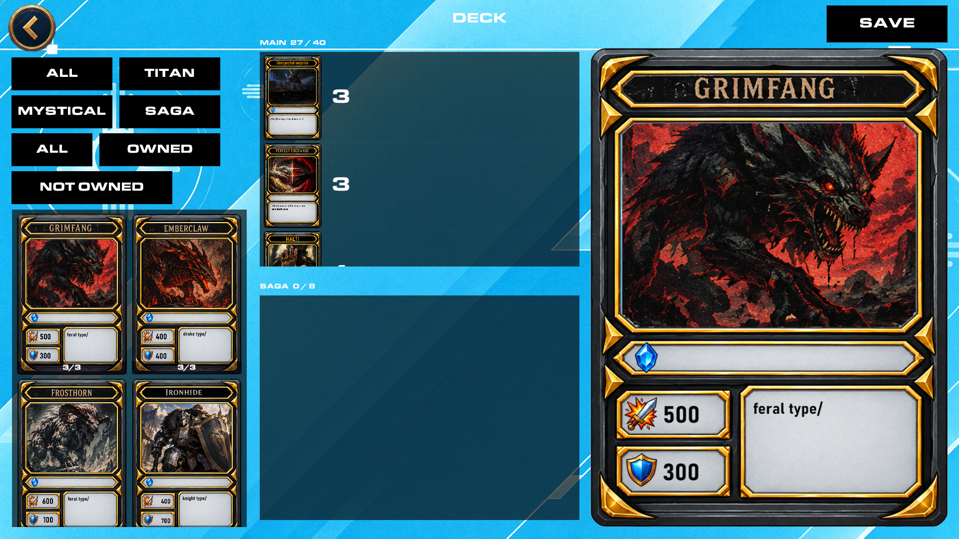 Deck builder with Grimfang selected